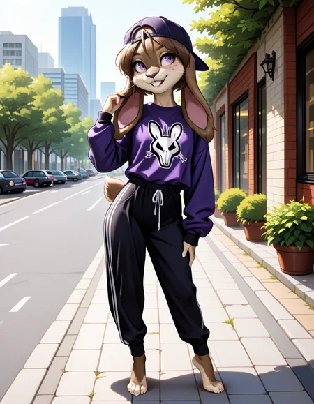 masterpiece, best quality, very aesthetic, absurdres,
outdoors, streetwear,  
barefoot, full body, posing, standing, 
seductive smile, parted lips, long eyelashes,
<lora:Nicole_Meadowsong_v01_NAIXL:1>
N1c013,1girl,solo,furry,furry female,rabbit girl,brown hair,backwards hat,short hair,rabbit ears,purple eyes,snout,animal nose,whiskers,buck teeth,body fur,two tone fur,brown fur,grey fur,rabbit tail,