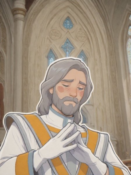 DukeOfSoleanna, 1boy, long elegant white robe, Dark boots, white gloves, blue eyes, gray hair, gray beard,solo,BSSPYCB,blush stickers,hands together,upper body,closed eyes,church,<lora:Duke of Soleanna:0.8>,<lora:PYCB:0.8>