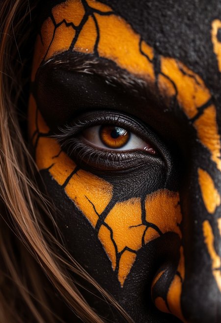Eyes adorned with makeup resembling cracked volcanic rock, with molten gold veins running through jagged black patterns. The lashes are tipped with flickering ember-like sparks, and her irises glow with a fiery amber hue. A subtle smoke effect curls from the corners, enhancing the intensity, shot in dramatic, warm studio lighting with a Nikon Z7 II, .nef file, focusing on the texture and radiant contrasts.
, aidmarealisticskin, aidmamj6.1
