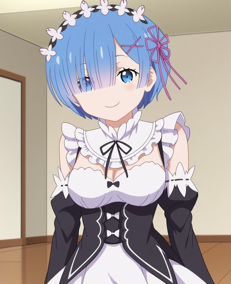 <lora:Eufoniuz_Anime_Screencap-000008:1> , anime screencap, anime coloring, flat color, 1girl, rem \(re:zero\), looking at viewer, smile