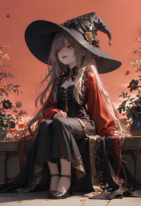 score_9, score_8_up, score_7_up, lvthn, a witch girl, adult, witch hat, fangs, sitting_sideways, full body, red sky, black flowers, looking away, clothes with golden embroidery, <lora:p-skin:1> <lora:sdxl_lightning_8step_lora:1> <lora:LVTHN:1,0,0,0,0,0,0,1,0,0,0,0>