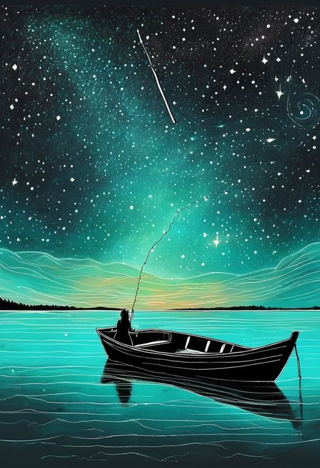 Hand drawing with pastel watercolors of a girl sitting in a small wooden boat fishes for stars in a turquoise lake as if they were dreams she would be pleased to capture.
Bioluminescent stardust spreads from the girl head up into the black night sky.
The stars in the lake and on the fishing rod are the only source of low luminetric ligths in this scene besides the stardust.
<lora:add-detail-xl:0.60>, <lora:xl_more_art-full_v1:0.40>, <lora:wowifierXL:0.50> art by mooncryptowow, <lora:LineAniRedmondV2-Lineart-LineAniAF:0.8> lineart, LineAniAF, <lora:caogao:0.8> sketch