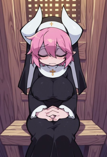masterpiece, best quality, highres, c0nf3510n4l,
1girl, pale skin, pink hair, short hair, messy hair, bags under eyes, black eyeliner, (white demon horns), short pointy ears, slender body, huge saggy breasts, puffy nipples, (embarrassed), 
traditional nun, dress, wearing a cross, covered nipples,
sitting, hands together, praying, eyes closed, perfect lighting,
c0nf3510n4l, small wooden room, confessional booth, (both walls on sides of picture, small cramped wooden box interior, touching both walls), small wooden room, wooden grating, ornate, wooden bench built into wall,
(gloryhole in left wall),