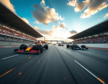 Ground level view of a Formula One race, capturing the intense speed and motion. The camera is positioned at the edge of the track, showing the sleek, aerodynamic cars zooming past in a blur of color and light. The background is a modern racetrack with grandstands filled with cheering fans, and the sky is a vibrant blue with scattered clouds. The cars are in vivid detail, with their sponsor logos and reflective surfaces catching the sunlight. The scene is dynamic, with sparks flying as the cars navigate tight turns. Photorealistic style and high contrast to emphasize the adrenaline and energy of the race.