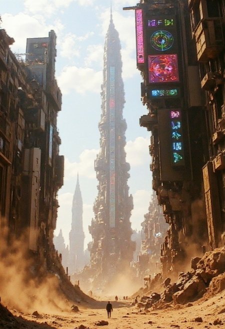 artilands02, v8s, In a forgotten desert city, decaying spires of metal and cracked stone jut from the sand like broken antennae, flickering with the dying pulse of obsolete tech. Once-futuristic skyscrapers now stand as glitching holographic ghosts of themselves—outlined in faint, unstable neon pinks and electric blues that sputter like failing cathode rays. Dust-choked streets hum with corrupted signals, broken signage buzzing in alien symbols and retro synthwave hues. The horizon stutters like a paused VHS frame—sandstorms loop and skip in pixelated static, briefly exposing skeletal monorail tracks and shattered chrome towers. Muted sunlight filters through a haze of analog distortion, bathing everything in an eerie, VHS-burned glow. Somewhere deep in the ruins, a low synth drone hums eternally, as if the city itself is trying to reboot.