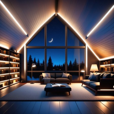 a Jed-Modern Attic , nightsky, masterpiece, full of details,ambient light, lamp lights, black bear rug, bookshelves, leather sofas, loft bed, photorealistic, sharp and in focus  <lora:ModernInteriorSDXL:0.7>