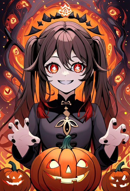score_9, score_8_up,source_anime, 
 (scenary:1.2), Dynamic light, looking at viewer, zzPumpkinHouse, occultoculi, Hu_Tao_(Genshin_Impact), cute, evil smile, @_@ , red eyes, brown hair, long hair, twintails, symbol-shaped pupils, scary pumpkin costume, ruffles, standing, upper body, claw hands, nails Black | Orange ,, Halloween background, pumpkins, Pumpkin Lights,,