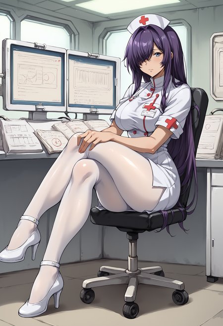 score_9, score_8_up, score_7_up, source_anime, 1girl, solo, looking at viewer, kan`u unchou, purple hair, hair between eyes, hair over one eye, large breasts, nurse, nurse cap, white dress, l4b, indoors, labolatory, science fiction, monitor, sitting, crossed legs, full body, blue eyes, very long hair, white pantyhose, high heels, chair, thighs, closed mouth