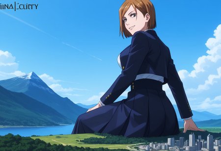 score_9, score_8_up, score_8, low angle, 
1girl, solo, ijiranaideyoshi, <lora:ijiranaide-yoshi-s1s2-ponyxl-lora-nochekaiser:1>, cowboy shot, hard shadows, shiny skin, <lora:nobara-kugisaki-s1s2-ponyxl-lora-nochekaiser:1>, nobara kugisaki, kugisaki nobara, bob cut, brown eyes, brown hair, lips, short hair, large breasts,, skirt, school uniform, jacket, cropped jacket, jitome, high-waist skirt, gakuran, morning routine, smile, from behind, side angle, looking at viewer, mischievous, looking down, from below, side angle, sitting, brown smoke on the ground, detailed face, giga giantess, macro, ass focus, wide hips, angelic, flawless, high resolution, above the city, (shrunken city :1.4), (shrunken cityscape:1.3), micro cityscape, clouds on background, solo,  ((landscape)), 
BREAK, Small city, micro city, low horizon line, mountains, lakes, white clouds, tiny castle, masterpiece, best quality