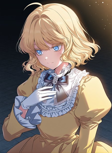 <lora:Heresy_Inquisitor_Female__SSS_Class_Suicide_Hunter__Illustrious:1>
1 girl, solo, blue eyes, short hair, wavy hair, blonde hair, fluffy hair, loose curls, ahoge, parted bangs, soft volume, slightly messy,
elegant yellow dress, long puffed sleeves, white frills, ruffled collar, bow tie, floor-length skirt, formal gown, aristocratic dress, white gloves, 
masterpiece, best quality, intricate details, gothic fantasy, upper body portrait, dramatic pose, confident gaze, cinematic lighting, clean background, glowing magical particles, detailed face, vibrant colors