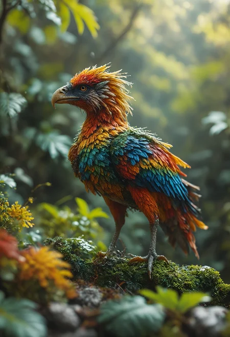 macro photography, A colorful miniature griffin in a dense jungle, sharp image, extreme detail, 8k resolution <lora:add-detail-xl:1> <lora:MJ52:1> <lora:sss:1>