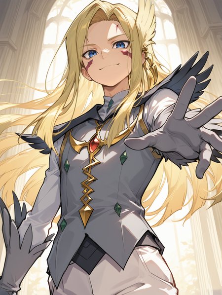 mizael, solo, smile, gold hair ornament, looking at viewer, facial tattoo, 1boy, male focus, upper body, closed mouth, sketch, grey vest, from below, outstretched hand, white pants, grey gloves
masterpiece,best quality,amazing quality,very aesthetic,absurdres,newest,<lora:Galaxy-Eyes Tachyon Dragon illuXL v1:0.9>,