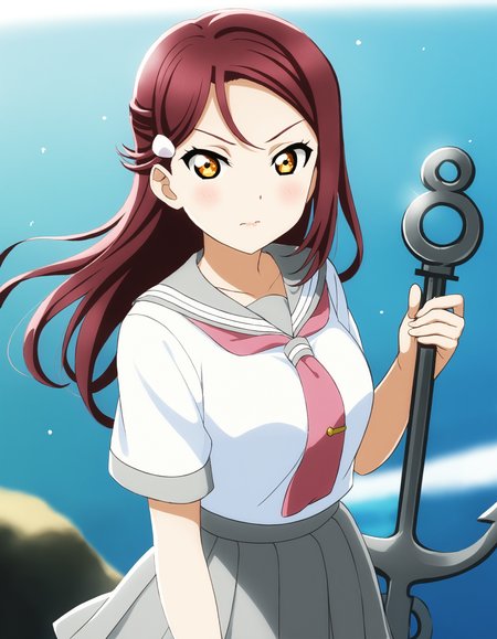 <lora:Koto-Umi-Riko-Shizu-Setsu-LLAS-LyCORIS-AnimagineXLV31:0.8> <lora:Perfect Hands:1> <lora:HandFineTuning_XL:0.6> <lora:add-detail-xl:1> <lora:holding_anchor:0.6:0.6:lbw=ALL-OUTS>
1girl, looking at viewer, upper body BREAK
(riko-llas:1.3) BREAK
big pupils, large breasts, narrow waist, lips, blush, serious BREAK
(s-ura:1.1), summer uniform, white serafuku, short sleeves, collarbone, (midriff, navel:0.8) BREAK
red necktie BREAK
grey miniskirt, pleated skirt BREAK
(holding_anchor:1.2), anchor, ocean, blue sky BREAK
(masterpiece, absurdres:1.2), very aesthetic, perfect anatomy, perfect lighting, Perfect Hands, cinematic light, light particles, (depth of field, blurry background:1.2), lens flare, sunbeam