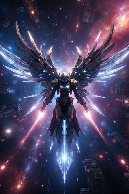 A hyper-realistic, ultra-detailed scene of a futuristic battle angel soaring through the vastness of outer space, her massive steel wings spread wide as she glides effortlessly through the cosmos. Her armor is a sleek, luminous mech suit, glowing with energy circuits that pulse with life, and intricate designs that showcase the cutting-edge technology infused into her form. The metallic surface of her armor mirrors the cosmic expanse around her, with stars twinkling against the smooth, polished plates. Her steel wings, made of sharp, high-tech feathers, emit faint energy trails, creating a glowing aura as she maneuvers with grace and power through the zero-gravity void.
Her arms are extended forward, palms open, emphasizing her majestic flight pose as she navigates through the starry expanse. The dynamic motion of her body showcases the sheer power and agility of her form, her mech wings propelling her forward with unparalleled speed and precision. The energy trails left by her wings give a sense of incredible momentum as she soars through the stars. Her open hands radiate a faint energy, hinting at her otherworldly abilities, but for now, she is fully focused on the thrill of flight, the freedom of the cosmos at her fingertips.
Behind her floats a massive space fortress, a colossal orbital citadel made of dark, reinforced steel with angular, futuristic designs. The structure is covered in glowing energy shields, neon-lit corridors, and rotating sections that give it an ominous, war-ready appearance. The fortress hovers among the stars, its scale dwarfing even the nearby planets and asteroids that drift silently in the distance. Itâs fortified with towering cannons and sleek, armored turrets, poised for interstellar combat.
The battle angel's pose is dynamic and graceful, her body angled in a powerful flight stance as she slices through the starry expanse, her wings glinting with ethereal light. Cosmic dust and particles float around her, shimmering with energy as they pass through the light of distant galaxies. Streaks of colored nebulae and glowing stars create a mesmerizing backdrop that highlights the surreal beauty of space and her place within it.
The scene is lit by the cold light of distant stars, creating high contrast between the glowing elements of her armor and the deep, dark void of space. High-saturation colors dominate the scene, from the vibrant blues, purples, and reds of the nebulae to the radiant highlights on her armor. Every element is rendered with ultra-high detail, from the sleek joints in her mech suit to the fine textures of the nebulae surrounding her. The overall style is a mix of ultra-realism and surreal sci-fi, with an epic cosmic scale that emphasizes the infinite expanse of space and the freedom of flight.
<lora:FluxMythP0rtr4itStyle:0.5> mythp0rt
<lora:Dever_Flux_Enhancer:0.5>
 <lora:Space-flux:0.5> noc-space