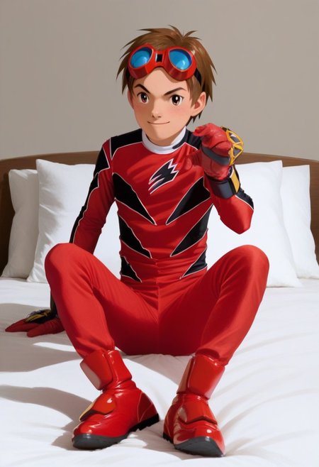 score_9, score_8_up, score_7_up, zPDXL2, 
1boy, solo, goggles on head, brown hair, 
,sitting on bed,
geki red, red bodysuit, black markings,   red gloves, red boots,