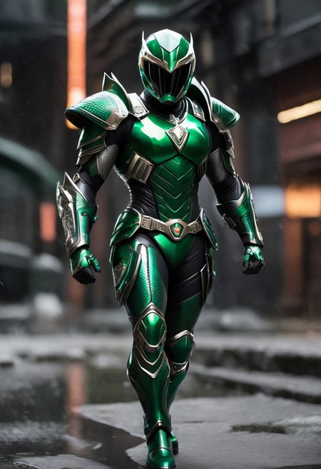 Green Power Ranger. The helmet is a sleek  emerald green with scales etched in a glossy pattern. black visor resembling fierce and intelligent, mouthpiece mirrors the komodo jaws. chest piece boasts a detailed scale motif with a bold emerald green insignia at its center. The arms are covered in flexible yet sturdy dark green emerald armor, extending to claw-tipped gloves. Small vents on the forearms. The waist is secured with a utility belt buckle, the legs are shielded by segmented armor. Thigh plates feature scale patterns, knee guards have spiked protrusions, and boots are reinforced with tungsten-tipped soles. cyberpunk art style, Shounen Anime Style, cyberpunk alien city background, full--body, highly--detailed, bokeh--focus, soft Analogous colors, extremely wide-angle, FastNegativeV2, <lora:fightingpose:0.7> squat, fighting pose, knee on ground,