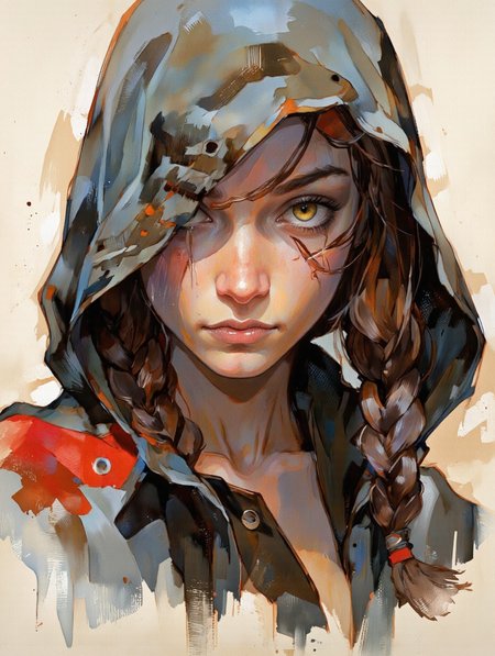 Ablatamahota style. A digital illustration of a young woman with a fierce expression, drawn in a semi-realistic style with bold lines and vibrant colors. the subject, a 1girl, is positioned in the middle of the image, looking directly at the viewer with intense yellow eyes. she has long, braided brown hair and is wearing a dark hooded cloak with a red patch on the left side. her skin is a dark brown color, and she has a determined expression, with a slight smirk on her lips and a slight frown on her face. the background is a simple, light beige color with a rough texture, giving the impression of a grungy, textured surface. the image is a close-up portrait, focusing on the subject's face and upper body, with the artist's signature in the bottom right corner.