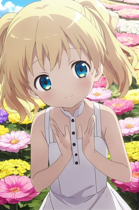 alice_cartelet, 1girl, solo,petite, blonde hair, small breasts,close up,standing,looking at viewer,flowerhands,white dress, Make flower shape with both hands, open palms,incoming,upperbody,smile,cloud,flower park,wind <lora:better skin typeB-v1:0.7> <lora:XDetail_light:1>masterpiece,best quality,source anime
 <lora:negativeXL_D:1> <lora:_sdxl-flowerhands:0.7> <lora:alice_cartelet-animagine-v1:0.7>
