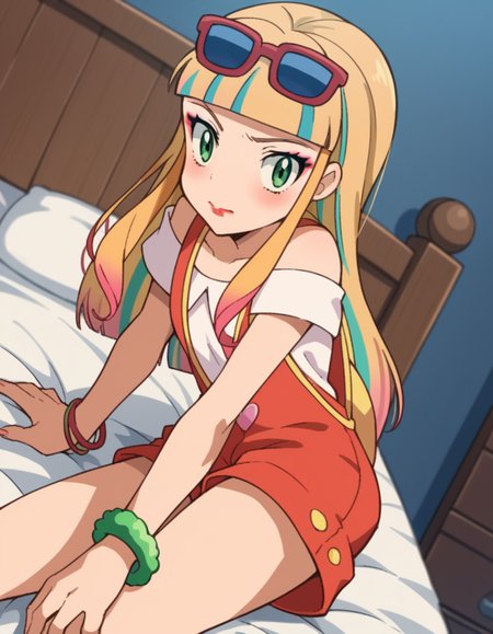 score_9, score_8_up, score_7_up, source_anime,
pokemonrisa, <lora:pokemon-risa-movie-ponyxl-lora-nochekaiser:1>,
risa, long hair, bangs, blonde hair, green eyes, multicolored hair, blunt bangs, makeup, lipstick,
shirt, jewelry, short sleeves, heart, bracelet, sunglasses, eyewear on head, overalls, overall shorts,
indoors, bed, bed room, on side, blush, drunk,
looking at viewer, cowboy shot, solo, dutch angle,