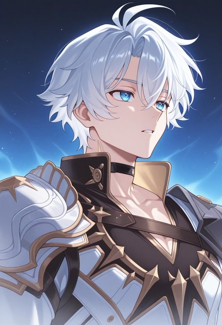 masterpiece,best quality,amazing quality, source_anime, 
Phainonhsr, 1boy, male focus, solo, blue eyes, white hair, black choker, neck tatto, shoulder armor, shirt, black shirt, coat, white coat, cape,