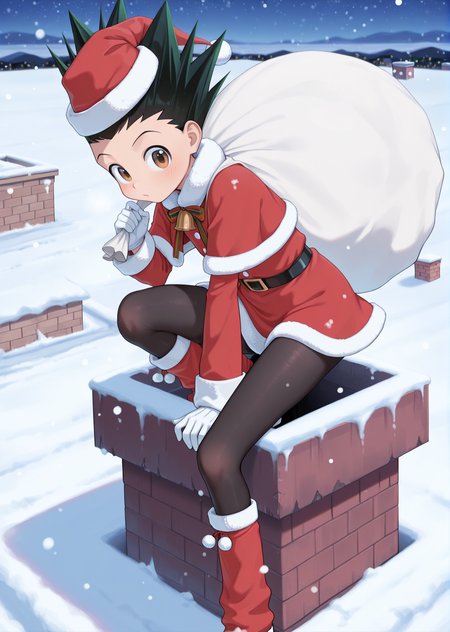 masterpiece, best quality, absurdres, amazing quality, 1boy, solo,  <lora:IlluGon-000010:1> illugon, black hair, green hair, spiked hair, brown eyes, santa hat, santa costume, fur trim, red dress, pom pom \(clothes\), black pantyhose, white gloves, snow, on rooftop, capelet,  <lora:chimney_Illust_v1:1> chimney, sack, outdoors, snowing