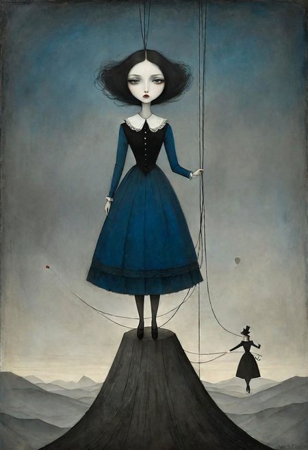 Neo Surrealism, overwhelmed by reason, by Gabriel Pacheco and Max Ernst, existential residues dark shines surrealism, deep blue, gray and dark red color scheme, fantasy Victorian art, magical realism bizarre art, pop surrealism, like Alice in wonderland, whimsical art. Generate an illustration of an anime puppeteer manipulating shadows and strings, symbolizing the art of puppeteer moves in dark psychology. The figure should have a mysterious aura.