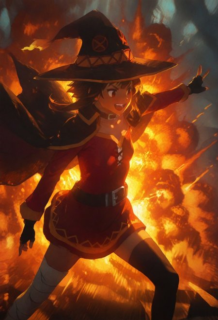 masterpiece, best quality, absurdres, very awa, absurdres,,wide shot,background,masterpiece, very aesthetic, absurdres, dimly lit, warm light,windy, floating hair,floating cape, ((impressionism, excellent depth of field, partly realistic texture, dramatic lighting)), sharp focus, newest,explosion, fire, dynamic pose, laughing, v eyebrows, proud 
BREAK
Megumin,red_eyes, brown_hair, short_hair_with_long_locks, small_breasts, witch_hat, red_dress, black_cape, black_collar, black_belt, black_gloves, fingerless_gloves, bandaged_leg, black_thighhighs, asymmetrycal_legwear