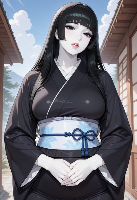 Mature woman, MILF, 1girl, sky, black hair, long hair, hime cut, masterpiece, black eyes, colored skin, (white skin:1.3), glossy skin, Yuki-Onna, parted lips, looking at viewer, black kimono, wide sleeves, obi, japanese clothes, medium breasts, wide hips, outdoors, hands held together on stomach, cloud, volumetric lighting, blue sky, portrait, upper body,