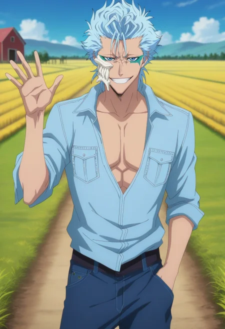 masterpiece, best quality, intricate details, anime screencap, , official style, , depth of field, 1boy, solo, male focus, <lora:grimmjow_jaegerjaquez_ilxl:1>, grimmjow_jaegerjaquez, blue hair, blue eyes, facial mark, arrancar, mask, short hair, panorama, farm, plantation, day, waving, naughty smile, denim shirt,