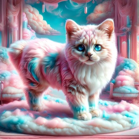 A majestic Bengal cat with a marble-patterned coat, but its fur is wildly long, thick, and fluffy like a Wookiee from Star Wars. The cat stands proudly on a rockbeeside an river clear as  shiny, its furmade of cottoncandy  blowing gently in the breeze. The marble pattern glimmers subtly beneath the thick strands. The cat's blue/pink eyes glow Hyperrealistic, fantasy creature, surreal texture fusion, dramatic side lighting, ultra-detailed fur rendering, cinematic mood, inspired by wildlife photography and creature design. Epic cottoncandy Jed-mrbl