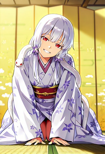 Smooth Quality - Illustrious, sfw,
anime, illustration, nadeko, red eyes,long hair,white hair,snake hair,albino, 
<lora:NSFWFilter_illusXL_Incrs_v1:-1>
<lora:Snake_on_Shoulders:0.8> sn4k3, snake on shoulders, large snake, white snake,
1girl, solo,
japanese clothes, white kimono, furisode, floral print, 
looking at viewer, head tilt, beautiful smile, grin,
golden folding screen, zabuton, tatami,