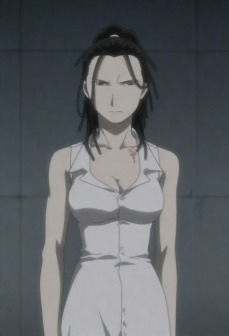 masterpiece, best quality, amazing quality,,, shiny skin,,,,, black hair,long hair,dreadlocks,ponytail,black eyes,tattoo,,anime coloring, sleeveless,dress,cleavage,<lora:Izumi_Curtis-Fullmetal_Alchemist_2003:0.8>