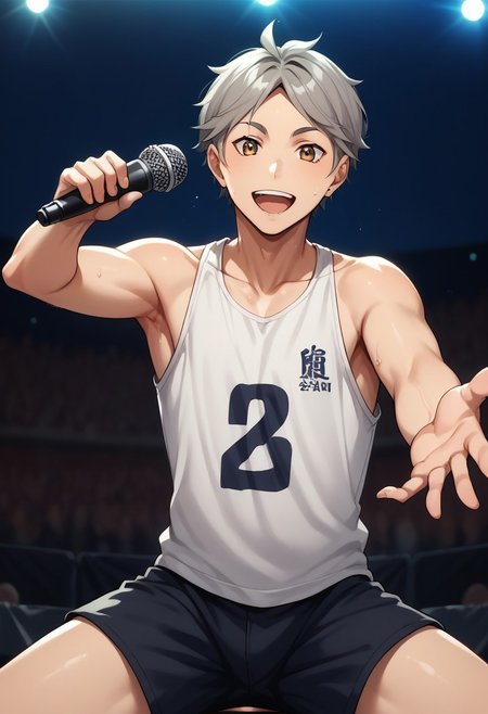 score_9, score_8_up, score_7_up, source_anime, rating_safe, holding microphone, 1hand reaching towards viewer, Kosaikyu, grey hair, 1boy, male focus, tank top, open mouth, singing, sweating, smile, blurry outdoor stage, clear sky, legs apart, cropped legs, looking at viewer, from below, hands with five fingers, cute wallpaper, audience, blurry crowd,