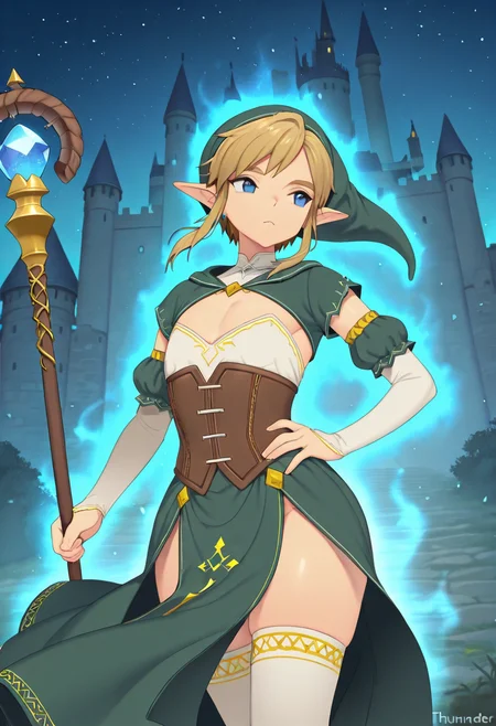 masterpiece, best quality, amazing quality, ultra detailed, intricate detailed, solo, 1male, adult, crossdressing, link, curvy, hat, shrug, detached sleeves, corset, long skirt, thighhighs, holding staff, hand on hip, pose, cowboy shot, outdoors, castle, night, particles, stars, wind, aura, thunders,  <lora:MNTO_Style_IL:0.81>