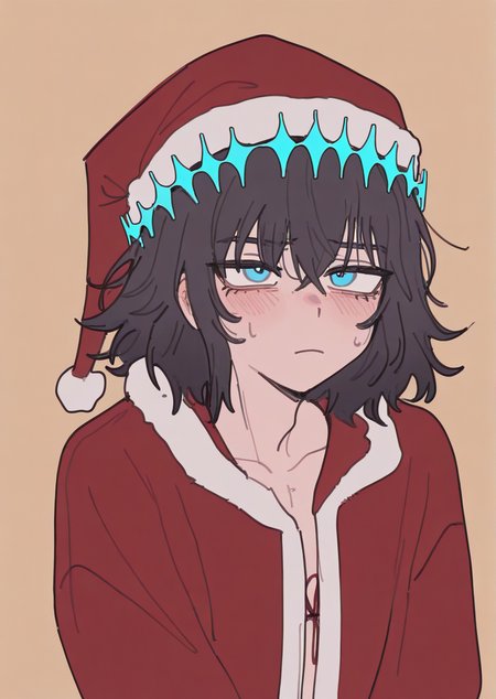 Masterpiece, Best Quality, Best Score, Best Anatomy, simple background, warm background,
androgynous,
(1boy,oberon vortigern, dark hair,blue circlet,blue eyes),
irritation,
christmas outfit, santa hat, 
ppka, doremifaso64, flat color, tale, upper body,
<lora:nyalia_NoobXL:0.8>,  <lora:furu00tck:0.2>, <lora:doremifaso64_style_ill_v1:0.2> ,<lora:Popoka-Illustrious:0.2>,