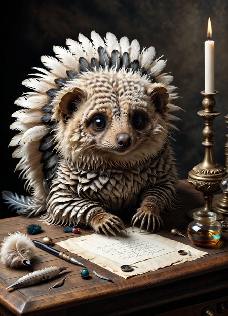 hedgehog writes a letter with an antique feather, feather in paws, sits by the table, inkwell, High detail, 8k   <lora:hyperkraximalism_v1-1:0.7>  <lora:ral-stkdrnrc:0.8>