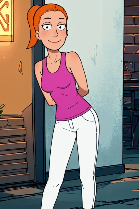 summer.smith, orange hair, 1girl, ponytail, solo, pink tank top, white pants, smile, breasts,looking at viewer, smile, arms behind back,black footwear,    <lora:summer2-000007:0.7>