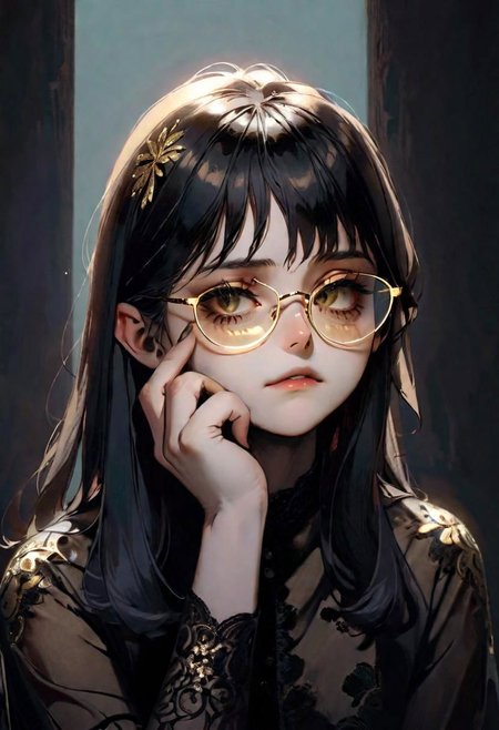 1girl reflective glasses
bangs
long hair
 lethargic sleepy smoky eyes
her hands under her chin,
    shadows, 
  Gradient mastery,   gold decorations 
 photography, photography-color, portraits