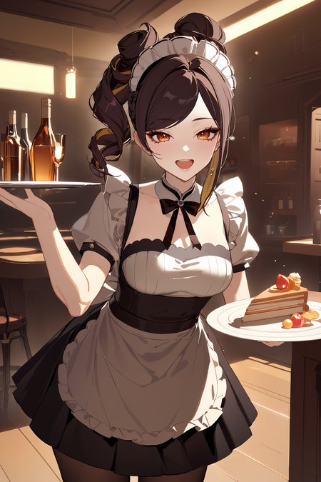 masterpiece, best quality, perfect features, intricate details, ray tracing, newest,(hitenkei, askzy:0.4), 1girl, chiori \(genshin impact\), solo, maid, maid headdress, maid apron, pantyhose, open mouth, laughing, holding plate, looking at viewer, cowboy shot, bar \(place\), indoors, depth of field <lora:Char-Genshin-Chiori-XL-V1:0.9>  <lora:EnvyBetterHiresFixXL01:0:hr=1>