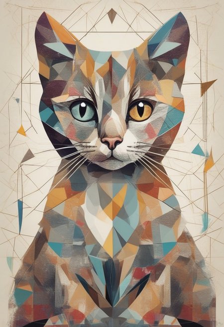 Generate a visually striking and conceptual illustration of a cubism kitten, meticulously drawn with exceptional precision. The kitten, composed of geometric shapes, is a vibrant mix of colors and patterns, creating a playful and eye-catching design. Its expressive eyes are detailed and full of life. The background is a vintage white, accentuating the kitten's uniqueness and captivating presence. The artwork masterfully combines architectural elements with illustration, making it a true masterpiece that pushes the boundaries of creativity and innovation.