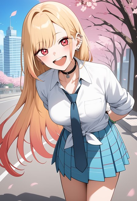 score_9, score_8_up, score_7_up, score_6_up, score_5_up, score_4_up, source_anime, aamarin, long hair, gradient hair, blonde hair, ear piercing, red eyes, breasts, black choker, school uniform, blue necktie, tied shirt, white shirt, sleeves rolled up, bracelet, plaid skirt, blue skirt, <lora:kitagawa_marin_ponxyxl_v1:0.9>, arms behind back, leaning forward, standing, outdoors, open mouth, cherry blossoms, smile, city, road,