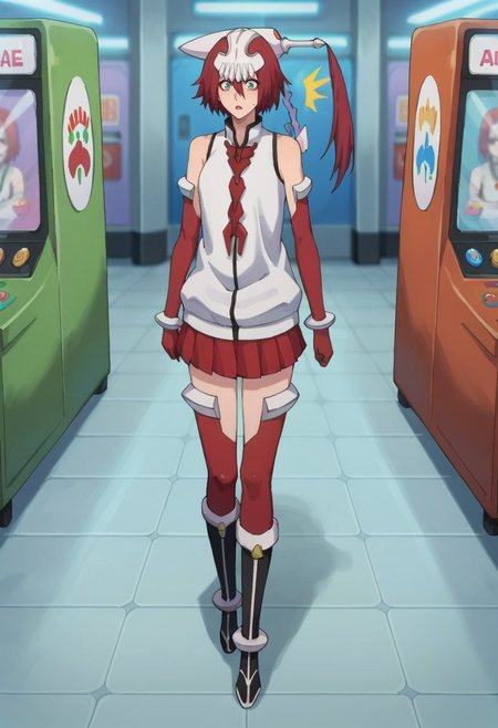 score_9,score_8_up,score_7_up,score_6_up,score_5_up,score_4_up,anime coloring BREAK source_anime,anime,<lora:Yin__Yang_BLEACH_Pony:0.7>,1girl,solo,yang,red hair,hair between eyes,hair ornament,green eyes,red eyeliner,red lipstick,yang off shoulder,red elbow gloves,red skirt,red thighhighs,black boots,(surprise:1.2),walking,indoors,arcade,game booth,