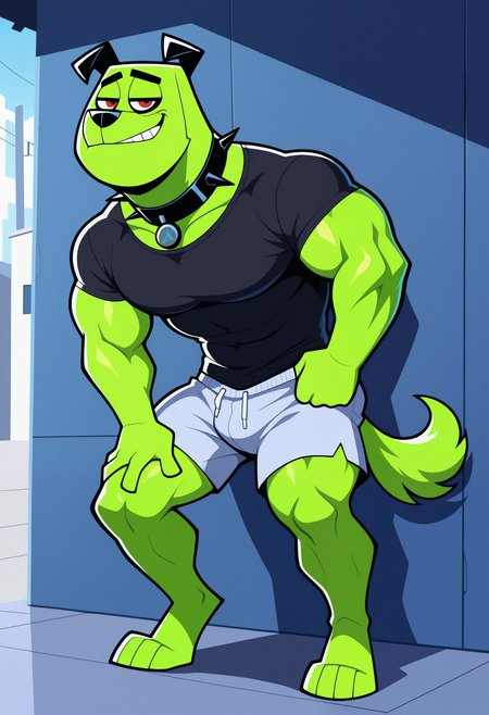 masterpiece,best quality,amazing quality, 1boy, solo, cuj0, anthro dog, muscular, green skin, red eyes, spiked collar, tail, smirk, outside, full body, shirt, shorts,
