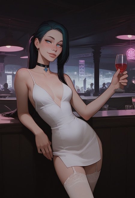 score_9,score_8_up,score_8,score_9,(((pastel colors, high contrast,expressiveh,solo,)))((, blue eyes,dark aqua hair,ponytail, straight hair,freckles, pale skin, naughty face, standing, posing,thighhighs,sleeveless dress, low cut dress, cleavage,choker, garter straps,bra peek, panty peek)) (1girl,slim,skinny, petite ,detailed eyes,)epiCPhoto,perfecteyes,facing forward,nightclub,holding wine glass