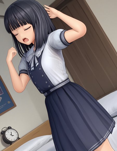 score_9, score_8_up, score_7_up, source_anime, <lora:rinze-himenogi-ingame-ponyxl-lora-nochekaiser:1>, rinze himenogi, bangs, black hair, blunt bangs, black eyes, 3d, skirt, dress, school uniform, short sleeves, puffy sleeves, black dress,, bedroom, alarm clock, morning routine, yawning, stretching, on bed,, , , hand behind head, , solo,, dutch angle,