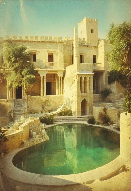highly detailed and hyper realistic crowded aerial scenery, ancient bath and Garden, Tolkien architecture style, high-contrast monochrome palette, tolkin buildings with high walls, pointed battlements and round towers, terraces with dancing women at night, subtle grain, timeless feeling, cinematic quality, modern art photograph, A breathtaking photo capturing the magnificence of the Hanging Gardens of Babylon The image showcases the immense, lush terraces with cascading steps around a vibrant crystal turqoise and deep blue tiled swimming lake inviting to take a bath, lavishly adorned with marble and crafted from the finest stones. The pastel-hued tiled steps are teeming with exotic plants, creating a vibrant and verdant paradise. Birds flit gracefully among the foliage, adding to the enchanting ambiance of this ancient marvel., , limited dark palette, vibrant colors, faded, atmospheric haze, highly dramatic cinematic lighting, motion blur, film grain,  professional, excellent composition, finest details, maximized details, ultimate detail level, masterpiece, best quality, ISO 300, 1/250s, F/2,8, 38 mm, extremely high quality RAW photograph, 4k, sharp focus, high resolution, 8k UHD, DSLR, high quality, film grain, Fujifilm XT3