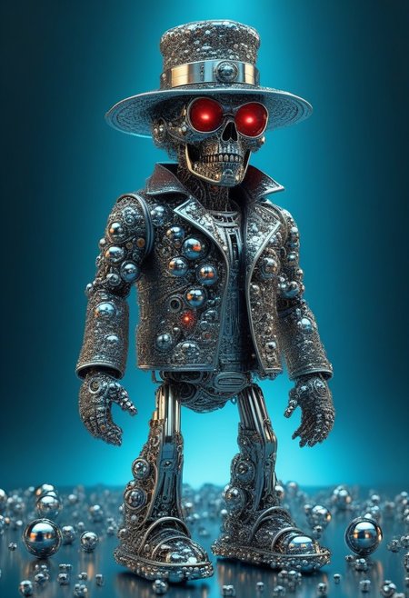 a very detailed realistic Terminator made out of shiny chrome-steel ball bearings, wearing a wizard hat,  highly detailed cosmic background, masterpiece, absurdres