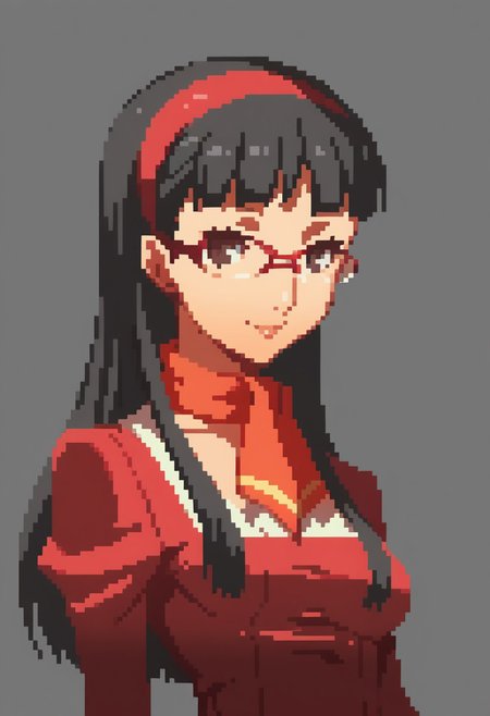 score_9, score_8_up,  detailed,    absurdres, extreme_quality,   anime style,     portrait, upper body portrait, slight side angle,  medium breasts, rpg portrait,  rpg, portrait,  , shadow, plain background, light grey background,  , upper body focus,   face focus, looking at viewer,  slight smile,  p4yukiko, amagi yukiko, long hair, black hair, bangs, hairband, glasses, red-framed eyewear, long hair, p4yukiko-wincas, dress, red dress, long sleeves, neckerchief, knee boots,