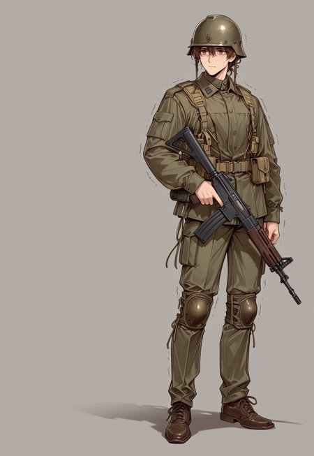ww1era, victorianera, 18cera, alone, solo, portrait, full body, simple background, gray background, simple floor, full body, retro style, adult man, adult, man, brown hair, amber eyes, fragile, soldier attire, soldier helmet, recruit, skinny, skinny body, shaking, nervous expression, holding assault rifle, holding, standing
<lora:RavenScript :1>