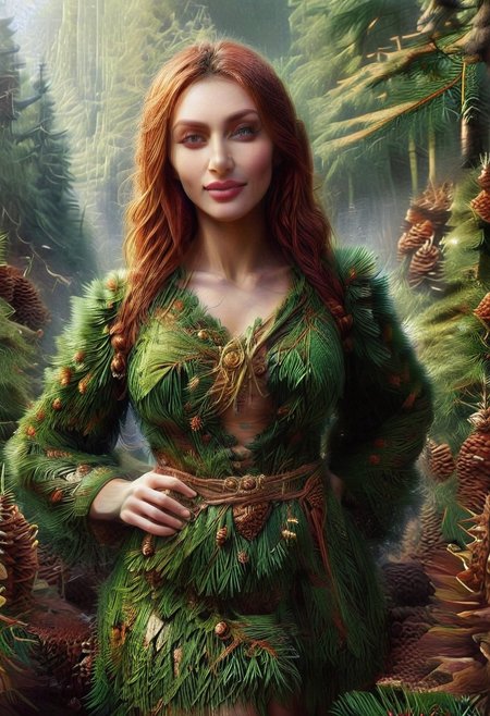 dawn, dark pine forest, colorful dress, perfect picture, (anatomically correct:1.7), score_9, score_8_up, score_7_up, score_6_up, score_5_up, score_4_up, UHD, 8K, masterpiece, detailed, ultra_high_resolution, lots of detail, OverallDetailXL, detailxl, Sci-fi Environments, epiCPhotoGasm-colorfulPhoto. style-empire, colorful style, 1woman, curvy, narrow waist, full lips, (red lips), flowing hair, (natural  eyes:1.3), full smile, mature female, milf, motherly. 32 years old, fir needles, fir needle style, fir needle, (long skirt made out of fir needles:2), (long skirt:2.2), (fully dressed:2), (covered body:1.8), (fully covered breasts:1.5), high neck closure, add-detail-xl, short puffy sleeves, Cambodian woman, long hair, light brown hair, small waist, wide hips, high cheekbones, golden glow, (Auntie Flatts:1.12), (blouse made out of pine cones:2).